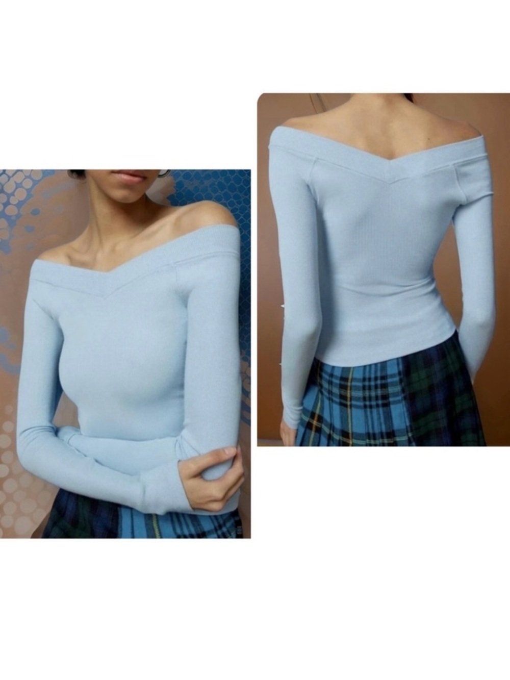 Off-Shoulder Light Blue Ribbed Long-Sleeve Top